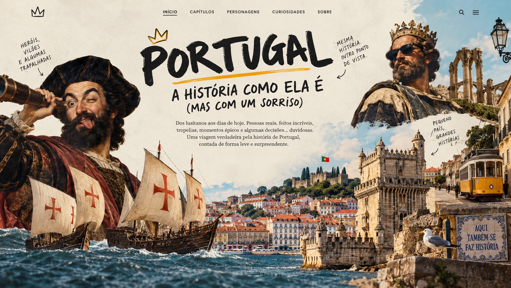 Collage: a navigator with a spyglass sticking out his tongue, caravels, Belém Tower, a yellow tram and a king in sunglasses, under the title Portugal — history as it really was (but with a smile)